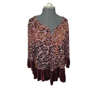 Rxb‎ Womens Floral Boho Burnout Velvet Top With Bell Sleeves & Tie Neck